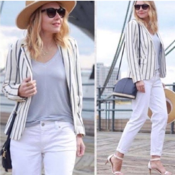 Talbots Pinstripe Nautical Coastal Blazer Size 10 Cream Navy - Picture 2 of 16